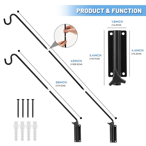 ERYTLLY Extended Reach Deck Hook Wall Pole Wall Mounted, Extensible and Adjustable 28 inch to 43 inch Bracket for Hanging Bird Feeder,Plants,Wind Chimes,Lanterns - size: Wall Pole - Adjustable Length - 1 Pack