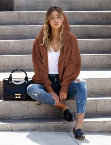 Zilcremo Women Hooded Cardigan Open Front Fuzzy Jacket - color: Caramel, size: Large