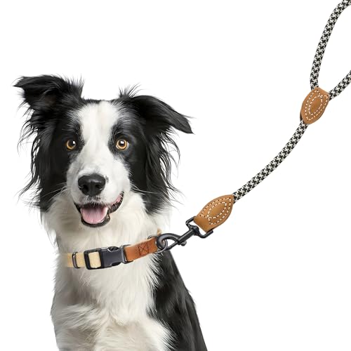 Mile High Life Dog Leash with Genuine Leather-Wrapped Ends, 4/5/6FT - color: Black Khaki, size: 18 Inch-1/2"