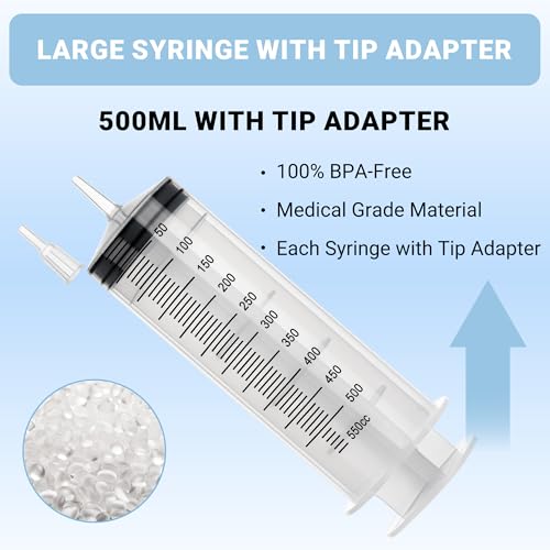 500ml Large Syringe, Epoxy Plastic Syringes for Liquids with Tip Adapter | 500cc Syringe for Scientific Labs, Measuring, Watering, Refilling, Filtration, Plants, Multiple Uses, Individually Sealed - style: 500 ML