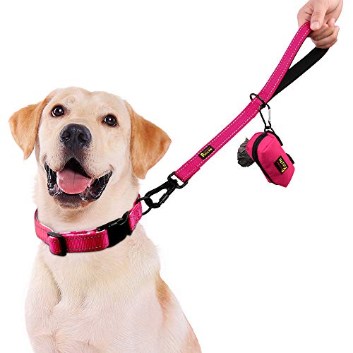 PLUTUS PET Short Training Dog Leash with Padded Handle for Medium Large Big Dogs,18 Inch Heavy Duty Strong Traffic Leash with Carabiner Clip for Climbing Walking or Guiding Blind（18”，Pink | Reflective, Heavy Duty Strong Nylon, Traffic Leash with Carabiner