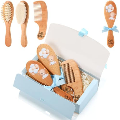 Teenyyou Baby Hair Brush Set for Newborns Wooden Baby Brush and Comb Set Soft Goat Hair Bristles with Gift Box for Cradle Cap Newborn Grooming Kit for Boys & Girls Toddlers Shower Registries Gift