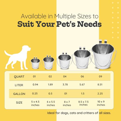 4 Quart Stainless Steel Flat Sided Bucket with Dual Hooks | 1 gal Durable Food & Water Bowl for XL Dogs, Cats, Goat & Livestock | Fits kennel Cage Critter Crate | Hanging Utility Pet Pail - size: 4 Quart