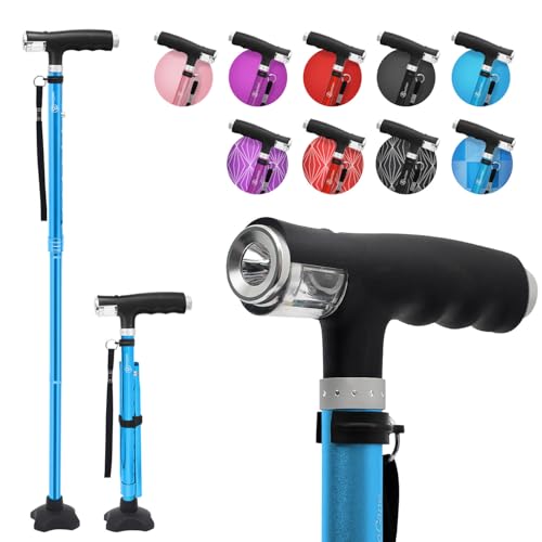 BeneCane Walking Cane for Women Folding Cane for Men with Two Led Lights Quad Cane with Stable Base Lightweight and Adjustable Walking Stick - color: Blue