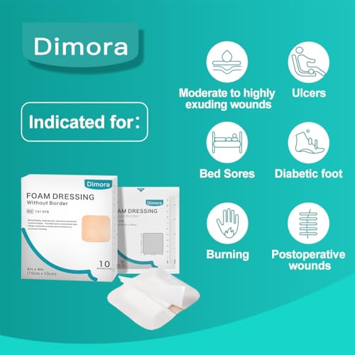 Dimora Foam Dressing, Sterile Non-Adhesive Hydrophilic Pads, Highly Absorbent 4"x4"(10 cm*10 cm) Pack of 10 Square Waterproof Dressing for Wound Care - size: 4x4 Inch (Pack of 10)