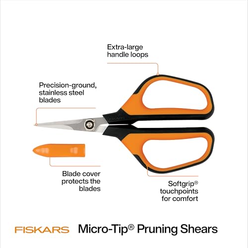 Fiskars 7" Loop Micro-Tip Pruning Shears, Garden Snips for Intricate Cuts | For Trimming Flowers, Plants & Herbs, Steel Blades Stay Sharp, X-Large SoftGrip Loop Handles, Ambidextrous, Includes Sheath - style: Micro-Tip Shears