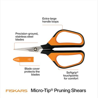 Fiskars 7" Loop Micro-Tip Pruning Shears, Garden Snips for Intricate Cuts | For Trimming Flowers, Plants & Herbs, Steel Blades Stay Sharp, X-Large SoftGrip Loop Handles, Ambidextrous, Includes Sheath - style: Micro-Tip Shears