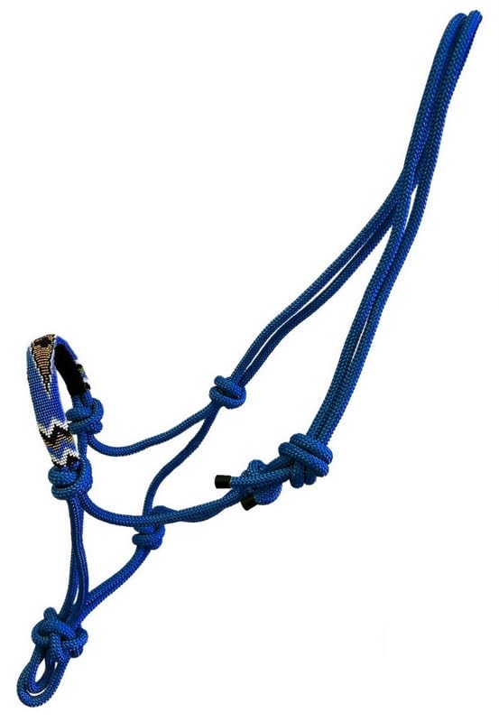 Nylon Horse Size Cowboy Knot Rope Halter with Beaded Cross Nose and Removable Lead - color: Royal Blue
