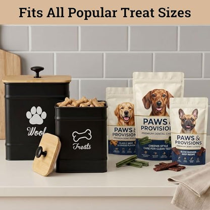 Dog Treat Container Airtight Set of 2 - 8x6 & 7x5 inch Iron Dog Treat Jars for Kitchen Counter with Airtight Bamboo Lids - 20 Cup Capacity Pet Treat Container Set - Doggie Cookie Jar - Treats Canister | Fits All Popular Treats, Up to 20 Cups Combined Capa