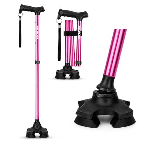 ZELECKS Walking Cane for Women & Men - Self Standing Adjustable Folding Cane with T Handle and 360 Pivot Base - Lightweight Foldable Walking Stick for Seniors - Collapsible Cane for Walking - color: Pink