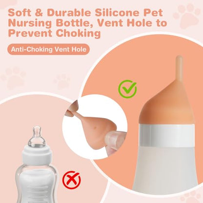 Silicone Kitten/Puppy Feeding Bottle, Squeezable, 3.2oz White | Soft silicone squeezes to control flow. Anti-choke vent. Kit includes syringe, extra nipples, needles for safe feeding.