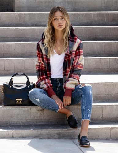Zilcremo Women Hooded Cardigan Open Front Fuzzy Jacket - color: Deepred Plaid, size: Small