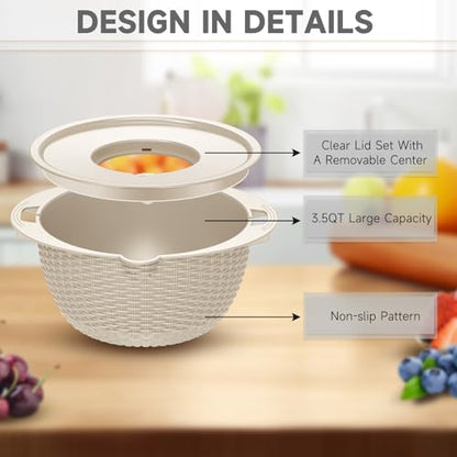 4-1 Colander with Bowl & Spoons Set - Rotatable Colander for kitchen with New Upgraded Graters, Food Strainer(Patented) for Pasta, Fruits, Vegetables, Funny Presents for Women, Beige - color: Beige
