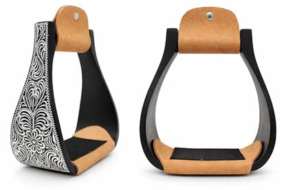 CHALLENGER 4-7/8" Wide Western Black Engraved Aluminum Horse Bell Stirrups Black 51178