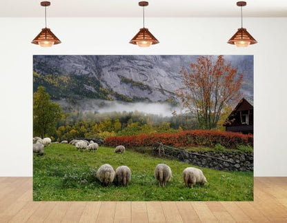 8x5ft Autumn Mountain Sheep Pasture Backdrop White Wool Sheep Red Maple Tree Mist Cliff Wooden Cabin Background Tapestry Party Nordic Farm Scenery Decorations Photo Booth Props - size: 8x5ft