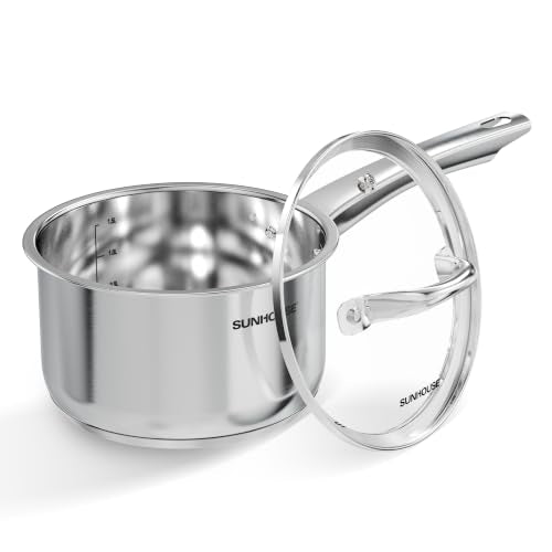 Sunhouse: Stainless Steel Saucepan - Classic: 2 Quart - Tempered Glass Lid, 3-Ply Bottom, Round-Edge Cookware Pot, All Cooktop-Oven-Dishwasher Safe