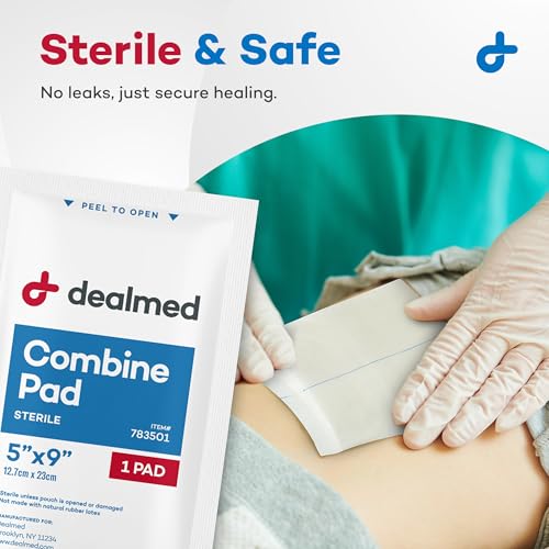 Dealmed Abdominal Combine Pads 5"x9" (40-Pack) Sterile Individually Wrapped, ABD Pads, Absorbent, Non Adherent for Wound Care, Drainage, First Aid, 20/Box (1 Pack) - size: 5" x 9" (Pack of 2), style: Pack of 1