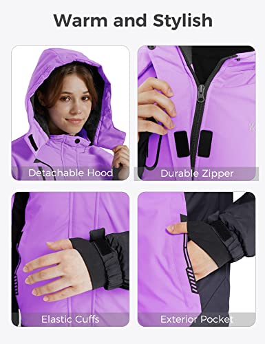 wantdo Girls Winter Ski Coat Fleece Snowboarding Jacket Waterproof 10000mm | Removable Hood, Chest Pocket, Fleece Lining, Windproof, Machine Washable - color: Purple, size: 10-12