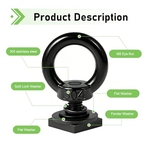 4PCS T Track Mount Tie Down Anchor for Roof Rack, M8 304 Stainless Steel T Bolt Eye Nut Tie Down Ring, Sturdy Heavy Duty Ring Shaped Eye Bolt Anchoring Kit, for Holding Bungee Cord Rope(Black)