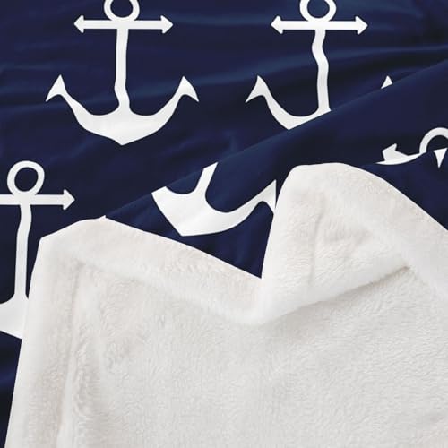 Feelyou Nautical Fuzzy Blanket Anchor Sherpa Throw Blanket Sea Adventure Fleece Throw Blanket Soft Warm Cozy Ocean Theme Plush Blanket Navy Blue 50"X60" - color: Blue White, size: 50" x 60"