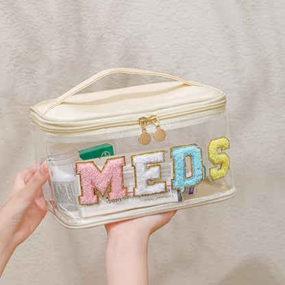 uekeboag Chenille Letter MEDS Clear Medicine Makeup Bag(04Black) | Personalized Transparent Large Waterproof Nylon Cosmetic Storage bag with Top Handle, Meds First Aid Travel Organizer Bag - color: 04Black-Meds