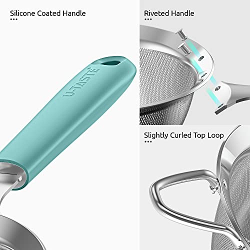18/8 Stainless Steel Mesh Strainer: U-Taste 5.5 Inch Kitchen Fine Mesh Sieve Food Colander with Riveted Sturdy Silicone Handle and 30 Mesh Hole for Straining Flour, Pasta, Fruit, Quinoa(Aqua Sky) - color: (1) Aqua Sky, size: Medium (5.5 x 13 in)