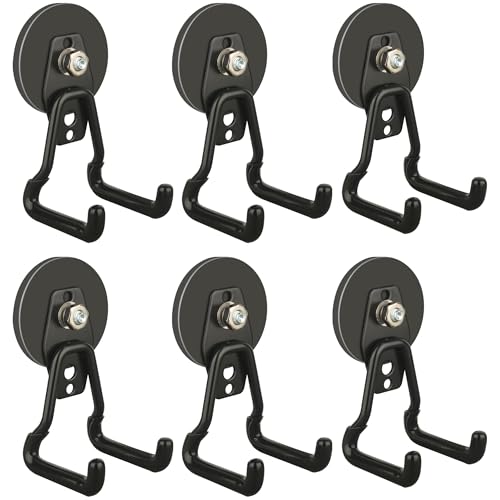 ULIBERMAGNET Upgraded Large Magnetic Hooks,Strong Heavy Duty Magnet Hooks for Power Drill,Broom,Garden Tools, Pegboard, Garage, Workshop, Hardware, 6 Pack Magnet Storage Holder for Hanging(Black) - size: 6PC 2.59inch Black Magnetic Hooks