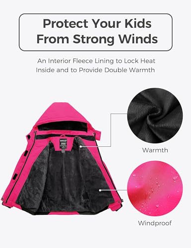 wantdo Girls Winter Ski Coat Fleece Snowboarding Jacket Waterproof 10000mm | Removable Hood, Chest Pocket, Fleece Lining, Windproof, Machine Washable - color: Rose Red, size: 8