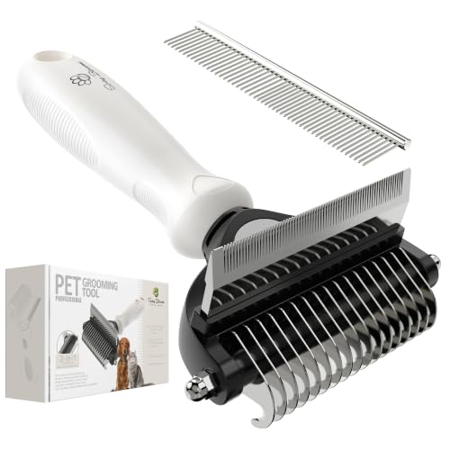 Spring Blossoms-2 in 1 Professional Grooming Rake for Cats & Dogs-Dematting Comb for Easy Mats & Tangles Removing,Pet Brush Safe No More Nasty Shedding and Flying Hair (Cloud Dancer White) - color: Cloud Dancer White