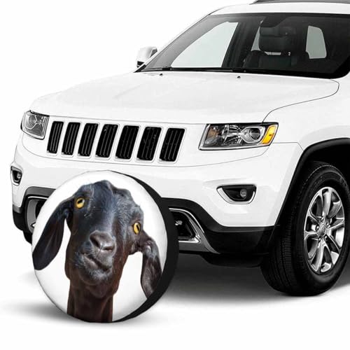 Black Goat Spare Tire Cover Cute Funny Goat Portrait with Humorous Face and Yellow Eyes Polyester Universal Wheel Tire Cover for Trailer Camping Weatherproof for Rv SUV Truck Camper Travel 15 inch - size: 15 inch
