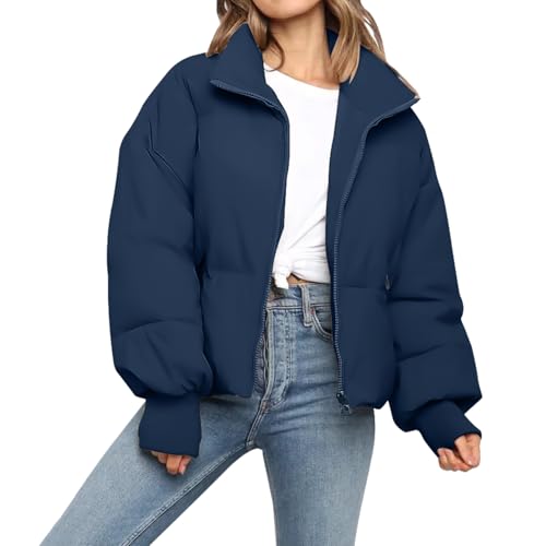 SXGYH Women’s Winter Cropped Puffer Jacket Coat Casual Quilted Baggy Long Sleeve Zip Down Jackets Outerwear - color: Dark Blue, size: Small