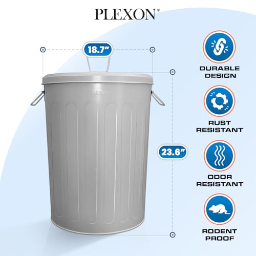 Plexon 20 Gallon Metal Trash Can with Lid Outdoor Large Trash Bin Steel Garbage Can for Garage Patio Farmhouse Bucket Bird Seed Storage Can Heavy Duty Round Container - color: Gray