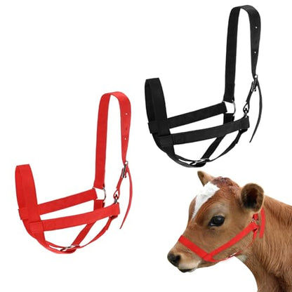 M METERXITY 2-Pack Adjustable Cattle Cow Calf Halter, 19.68"-23.62" Nylon Livestock Cow Halter for Miniature Horse/Donkey/Goat/Cattle [Red/Black]