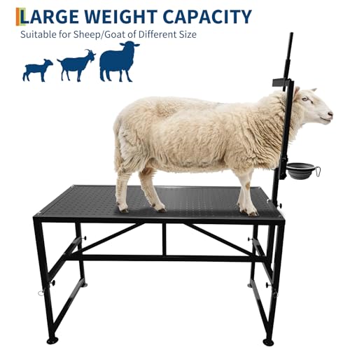 Goat Stand with Feed Bin, Goat Milking Stand for Sheep Trimming Hoof and Milking, Heavy Duty Metal Livestock Table with Adjustable Head and Legs for Goats and Sheep, 600 Lbs, Black