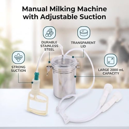 Manual Goat Milker, Suction Control, 2L Stainless Steel