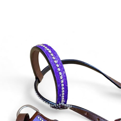 Western Leather Headstall & Breast Collar Set for Horses - Valentine’s Day Silver Metallic Cowhide with Rhinestones - color: Purple