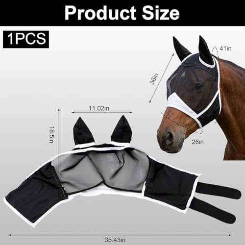 1PCS Fly Mask for Horses, Summer Turnout Protection with Enhanced Visibility, Breathable Mesh and Knit Fabric Design, Tangle-Free Fly Mask for Outdoor Riding and Stable Management (Full (Large))