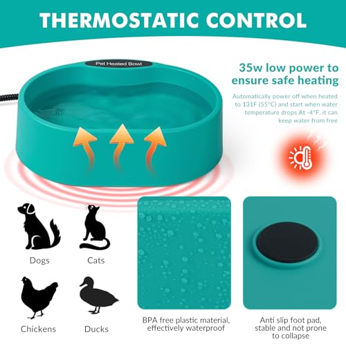 3.7L Heated Water Bowl for Dog & Cat, Outdoor Heated Dog Bowl, Large Waterproof Heated Warming Pet Bowl for Outside, Anti-Freeze Heated Pet Water Dish for Rabbit, Chicken, Duck, Squirrel (35 Watts)