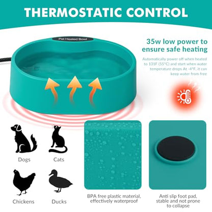 3.7L Heated Water Bowl for Dog & Cat, Outdoor Heated Dog Bowl, Large Waterproof Heated Warming Pet Bowl for Outside, Anti-Freeze Heated Pet Water Dish for Rabbit, Chicken, Duck, Squirrel (35 Watts)
