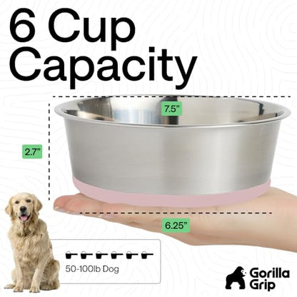 GORILLA GRIP Dog Bowls, Food Grade Stainless Steel, Set of 2, 6 Cup, Pink | 304 Stainless Steel Pet Feeding Bowls Hold 48 fl oz Each, Dishwasher Safe, Rust Resistant, BPA Free Rubber Base - color: Light Pink, size: 6 Cup (48 Oz)
