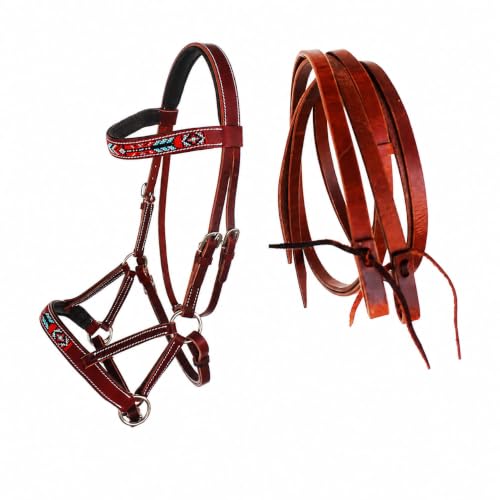 Horse Brown Leather Beaded Bitless Padded Sidepull Bridle w/ Reins 77RS17 - color: Mahogany/Beaded