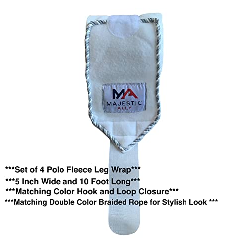Majestic Ally Fleece Polo Leg Wraps with Braided Rope for Horses - Set of 4-10 Foot Long and 5 Inch Wide (White) - color: White