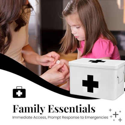 Flexzion Large Metal First Aid Box Empty, 13-Inch, White with Black Cross - color: White - Black Cross, size: 13 Inch without Latch Lock