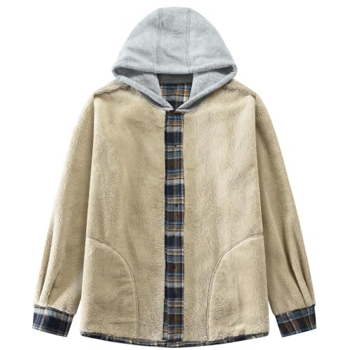 Men's Cotton Plaid Shirt Jacket Fleece Flannel Sherpa Button Down - color: Dark Blue, size: Medium