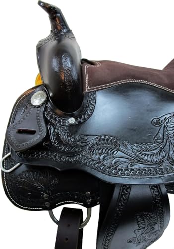 ADB CREATIONS Western Leather Horse Saddle Hand Tooled Floral Design, Premium Brown Leather, Comfortable Deep Seat 10"-18", Durable Trail & Ranch Riding Saddle with Accessories, Strong Tree - size: 15" Inch