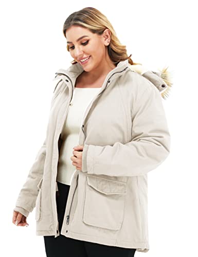 Soularge Women's Winter Plus Size Sherpa Lined Jacket with Hood | Women's Plus Size Workwear Fit,100% Cotton Outer Shell,Soft Fleece Lining,Windproof Stand Collar - color: Beige, size: 1X