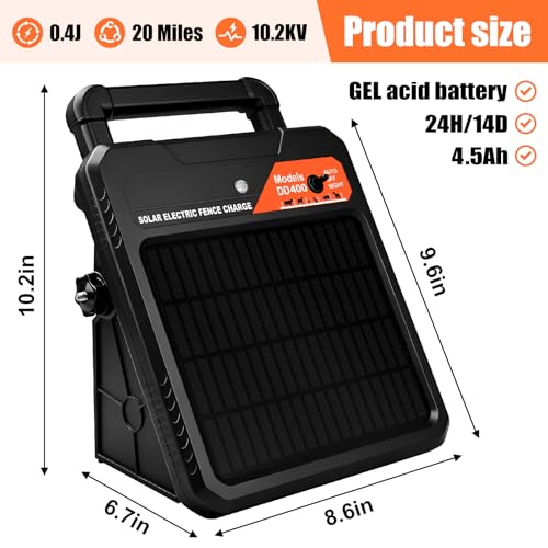 20 Miles Solar Electric Fence Charger – 0.4J Output, 10200V Peak, 24/7 Uninterrupted Protection, 14-Day Backup Power Without Sunlight, Rechargeable Energizer for Livestock & Predators - size: 19Miles