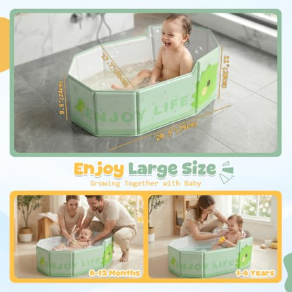Orzbow Portable Toddler Bathtub with Temperature Sticker & Side Drain Plug | Collapsible Baby Bath Tub for Infant Kids 6 Months+ Travel, Easy to Clean, Stable & Durable, Fold to Space-Saving, Green