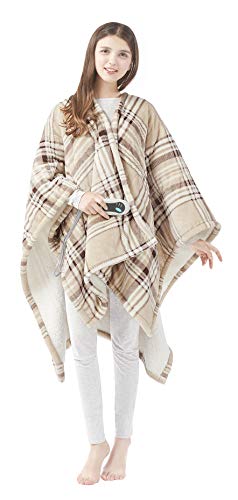 Beautyrest Wearable Electric Poncho Wrap Blanket, Ultra Soft Sherpa & Berber Fleece Heated Throw, UL Certified & OEKO-TEX, 3 Heat Settings & 2 Hour Auto Shutoff, Gift-Ready, 50" x 64", Tan Plaid - color: Tan Plaid, size: 50 in x 64 in