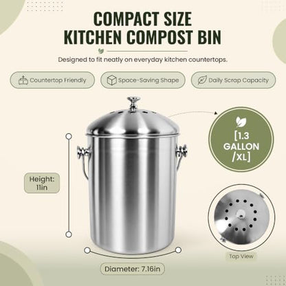 Epica Kitchen Compost Bin for Kicthen Countertops, 1.3 Galllon - Silver - color: silver